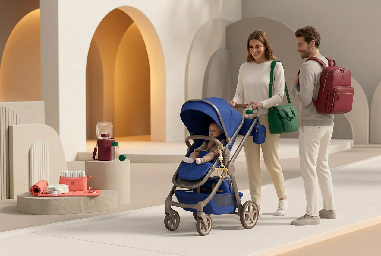 Famille en 3D avec poussette, sac à langer et sac à dos mis en valeur en couleur